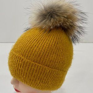 Mustard Knit Beanie Hat with Real Fox Fur Pom